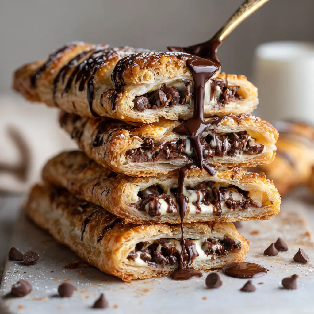 Triple chocolate puff pastry twists drizzled with chocolate sauce.
