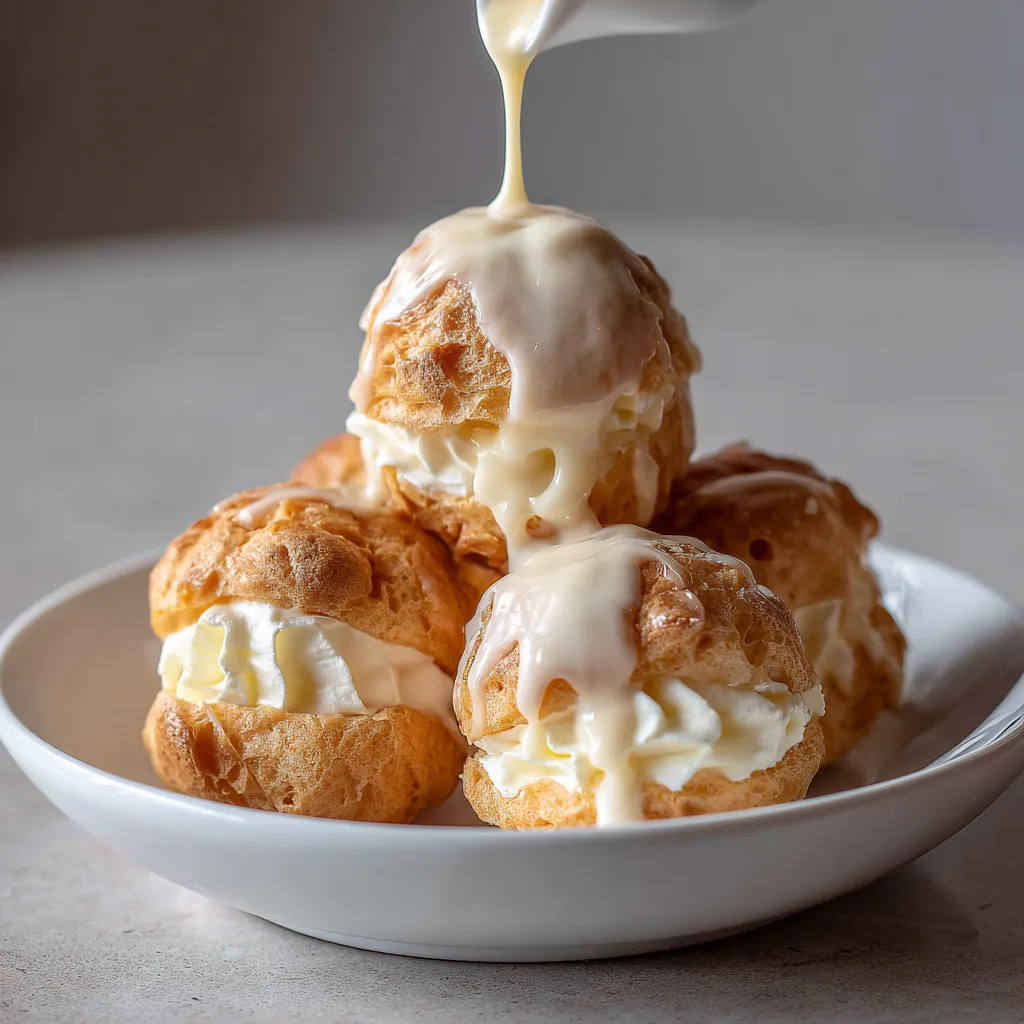 A plate of white chocolate choux volcanoes.