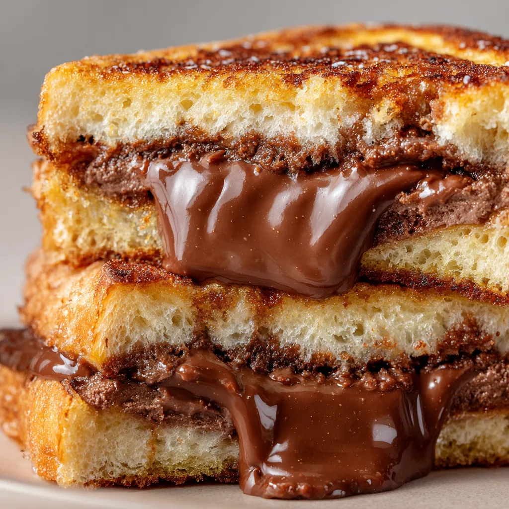 A stack of French toast with chocolate drizzled on top.