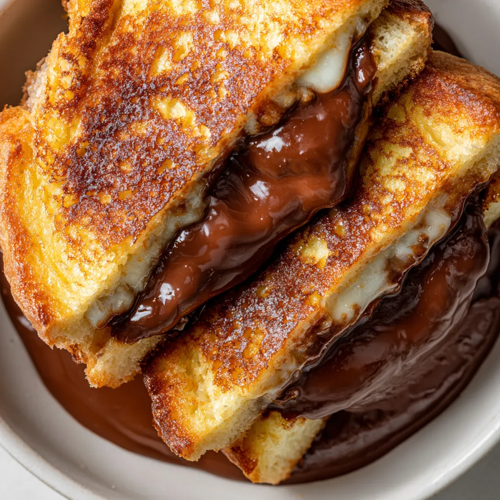 A bowl of French toast with chocolate sauce.
