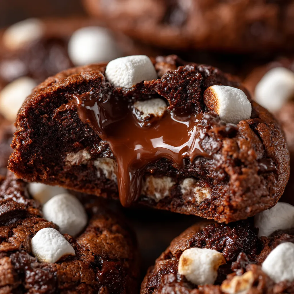 A close up of a chocolate cookie with marshmallows on top.