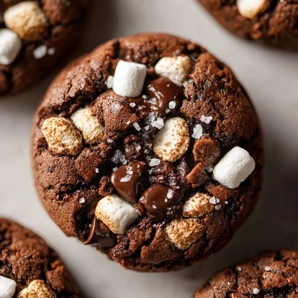 A chocolate cookie with marshmallows and chocolate drizzle.