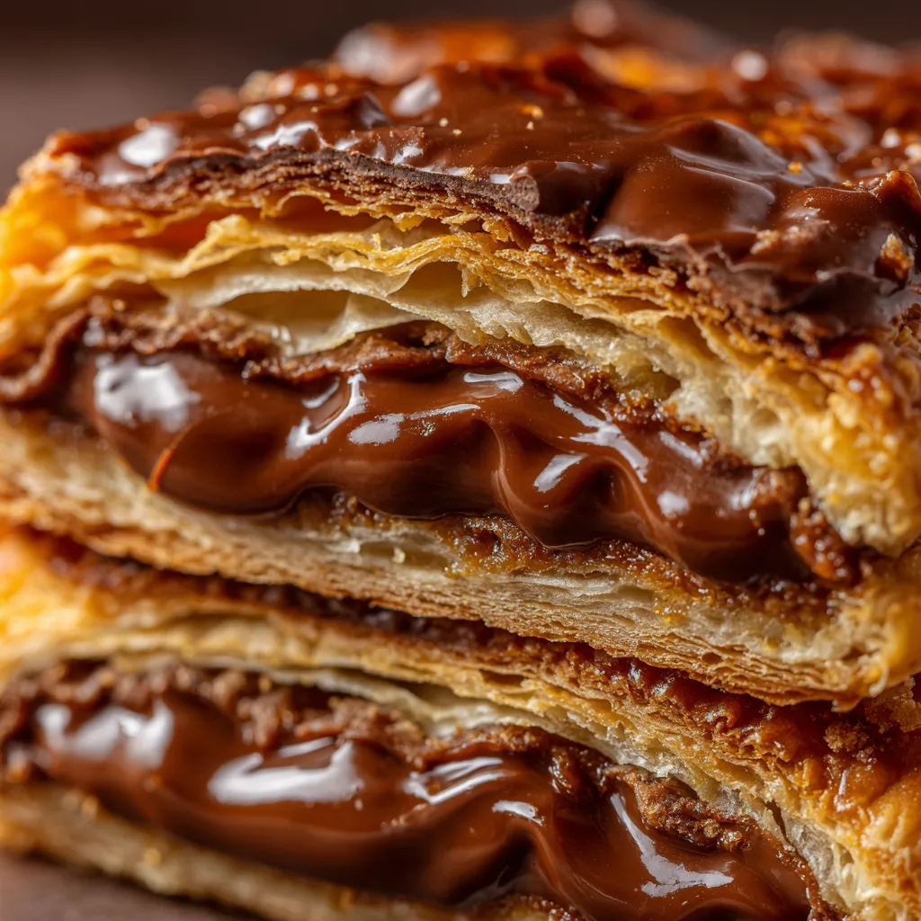 A giant chocolate pastry with caramel in the middle.