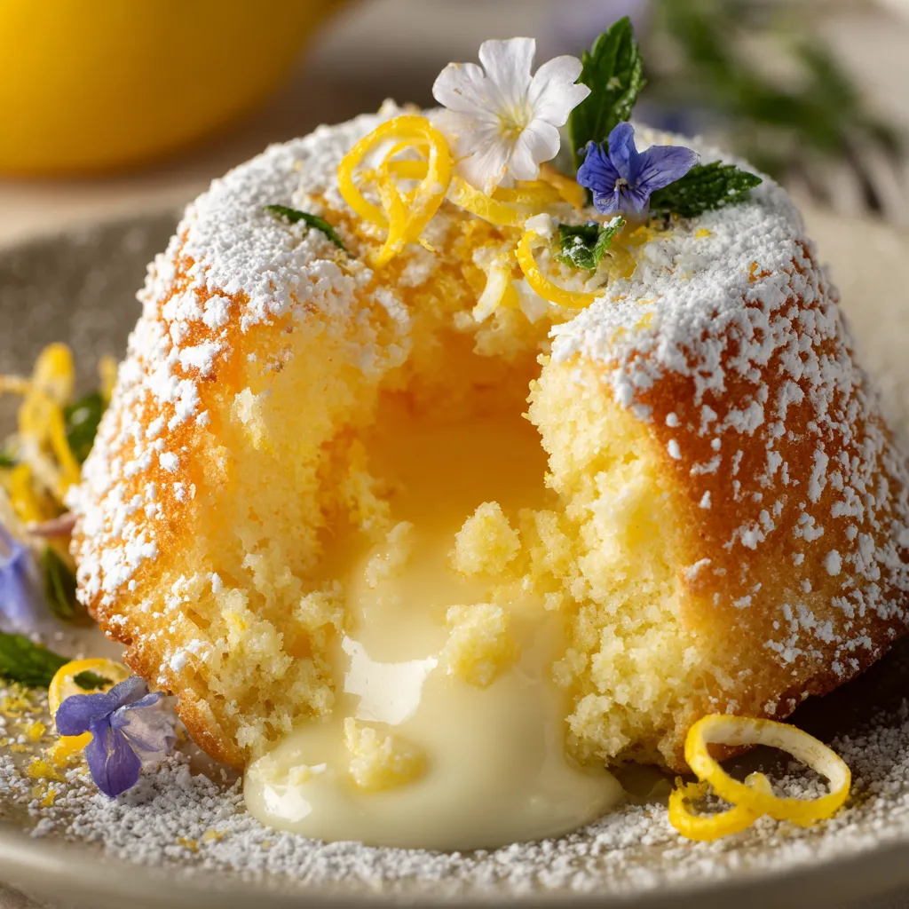 A slice of white chocolate lemon lava cake.