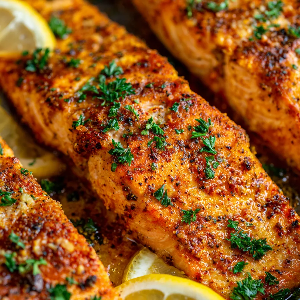 A close up of a piece of Texas Roadhouse-style baked salmon.