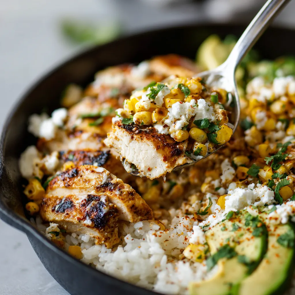 A bowl of Mexican street corn chicken rice.