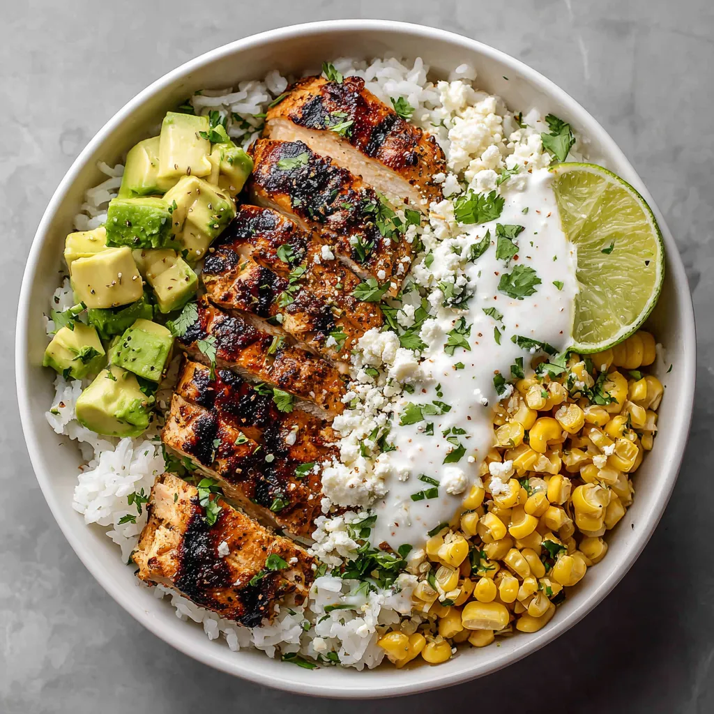 A bowl of Mexican street corn chicken rice.