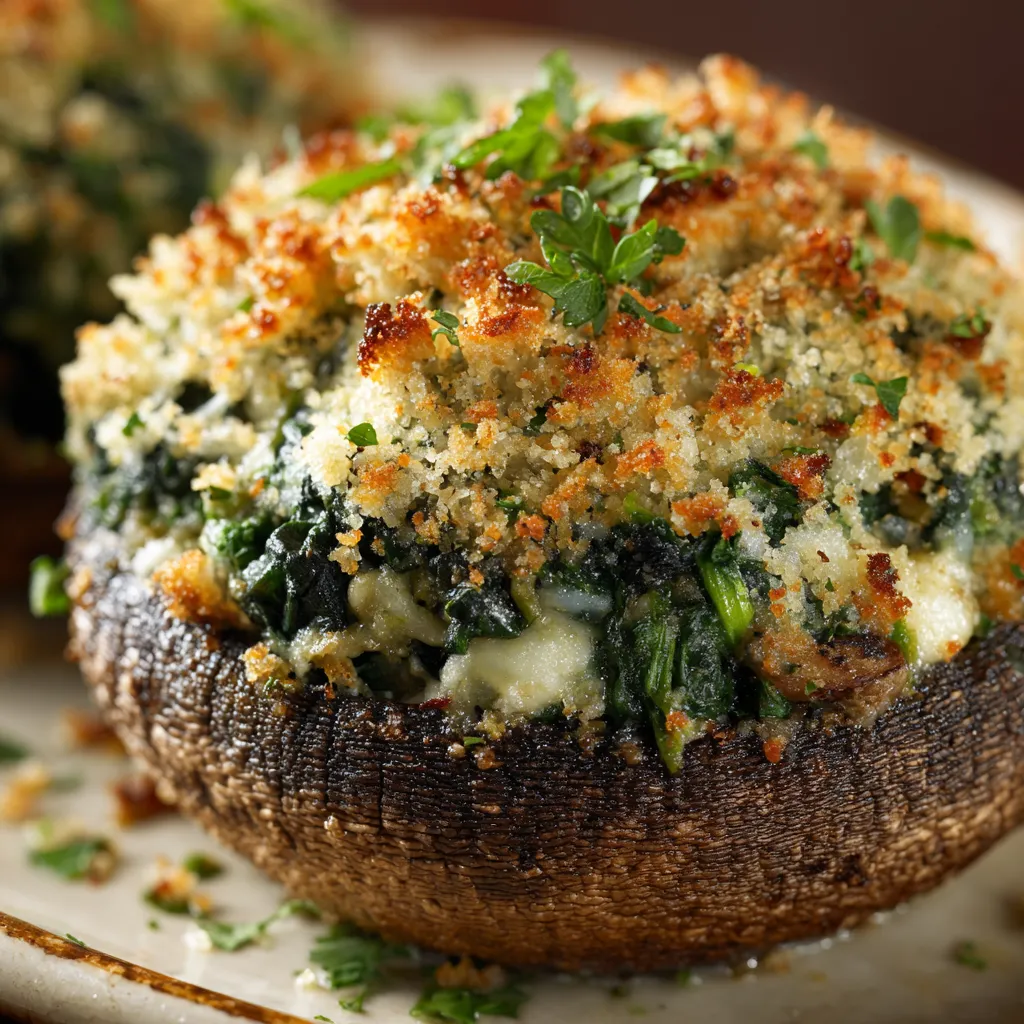 A close up of a spinach and cheese stuffed portobello mushroom.