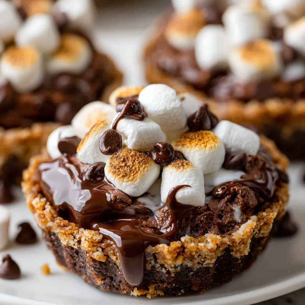 A close up of a chocolate dessert with marshmallows on top.