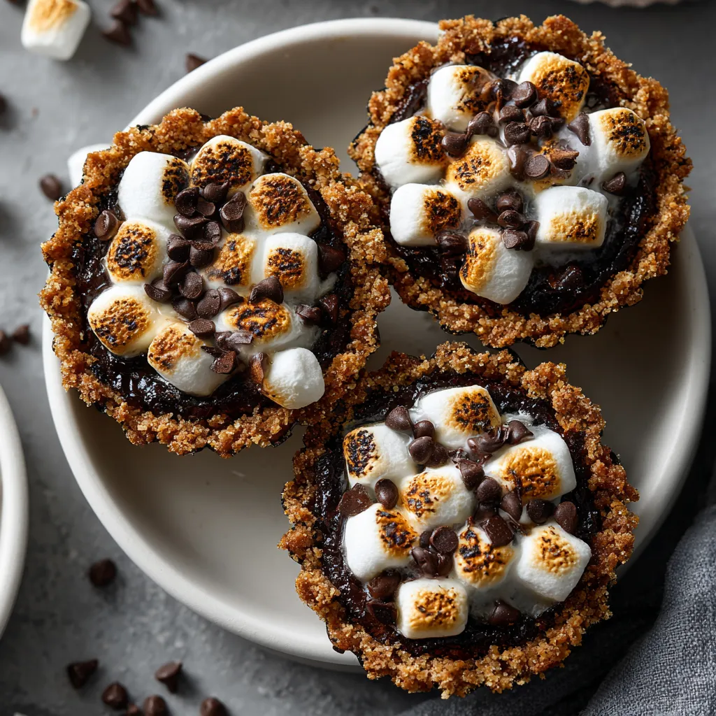 Three mini s'mores pies with marshmallows and chocolate chips.