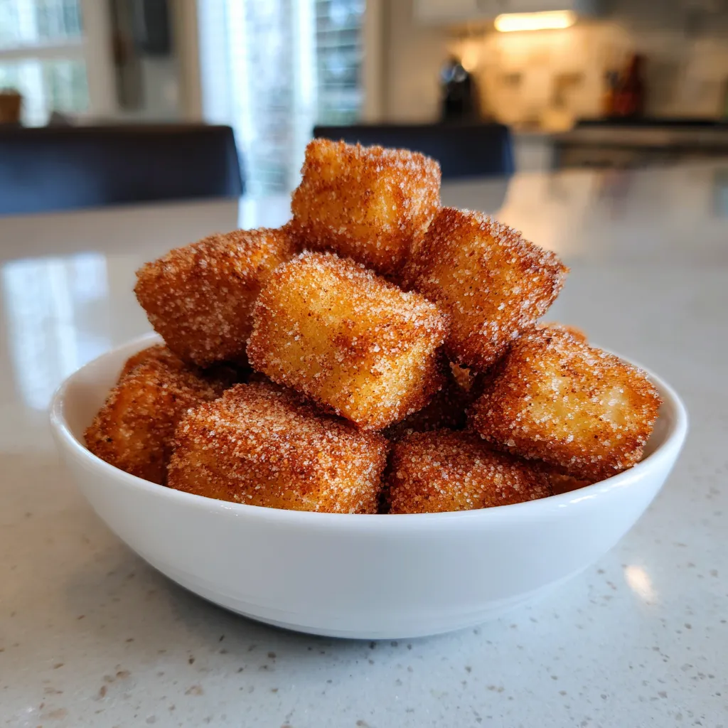 A bowl of churro bites on a table.