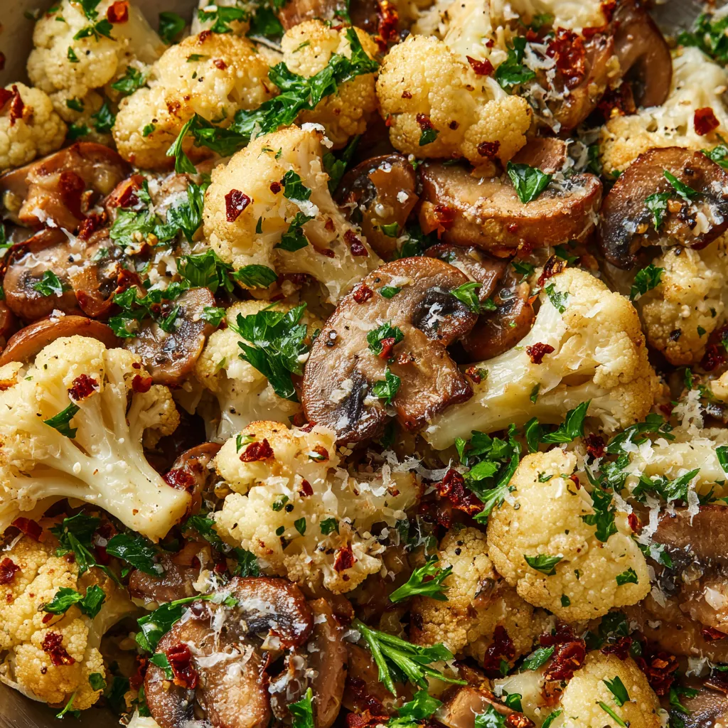 A skillet of cauliflower, mushrooms, and garlic.
