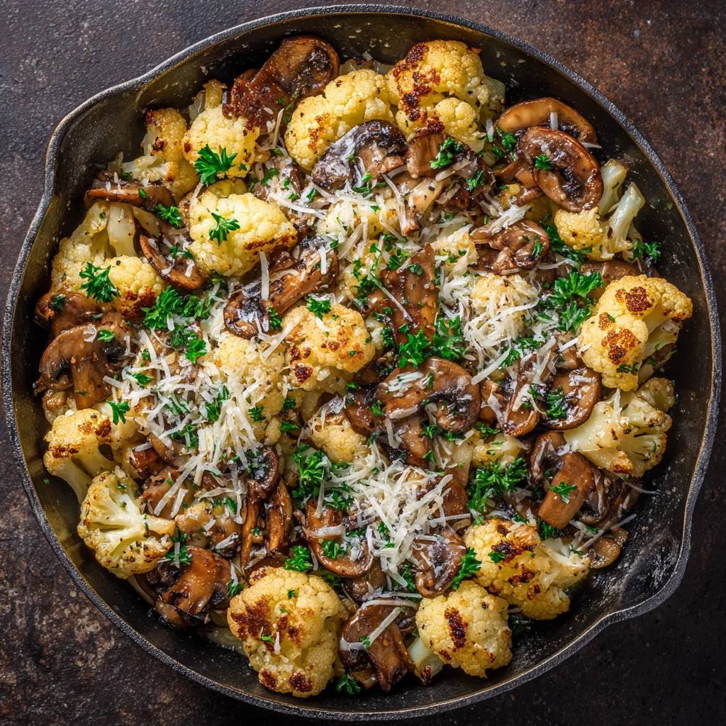 A skillet filled with garlic, cauliflower, and mushrooms.