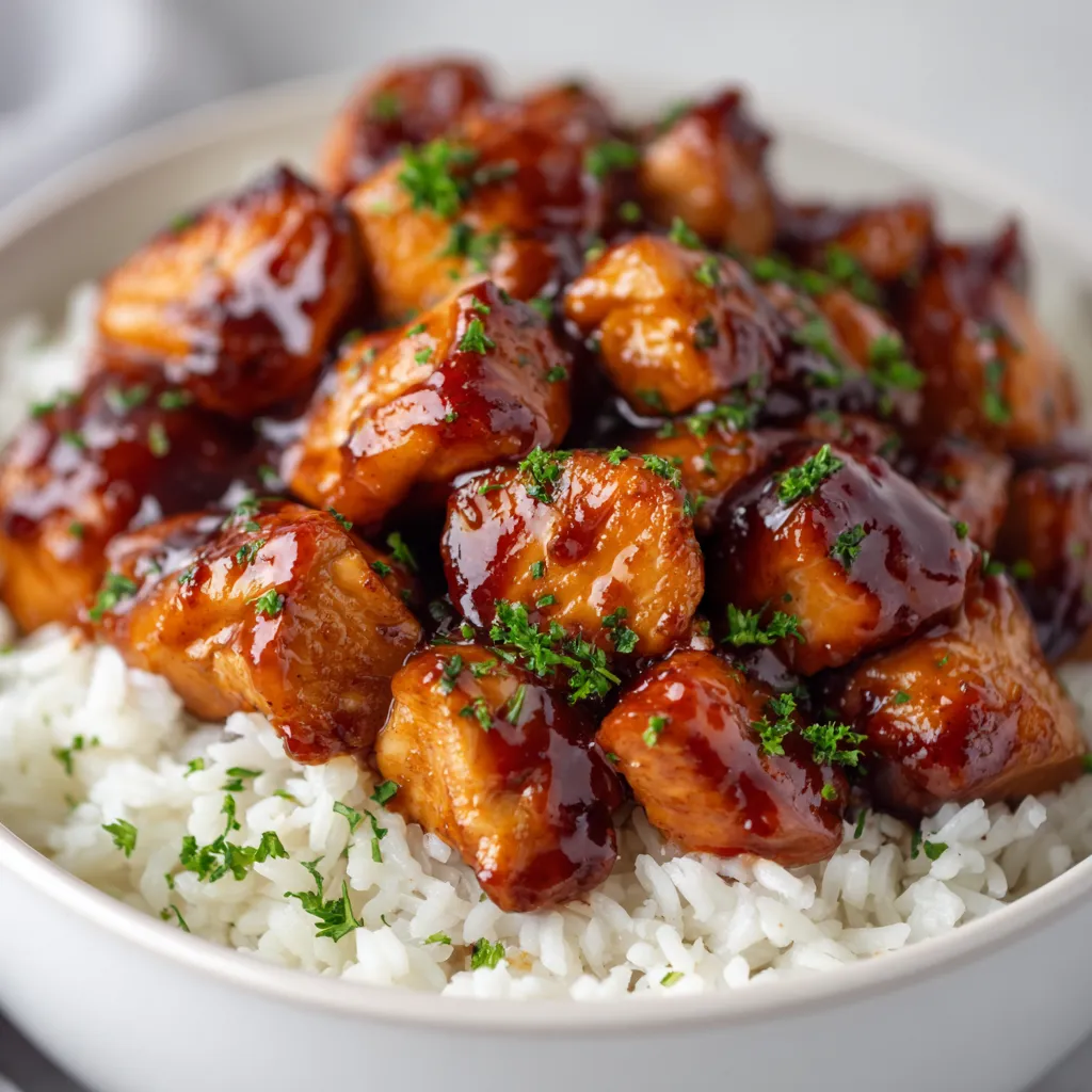 A bowl of rice with chicken on top.