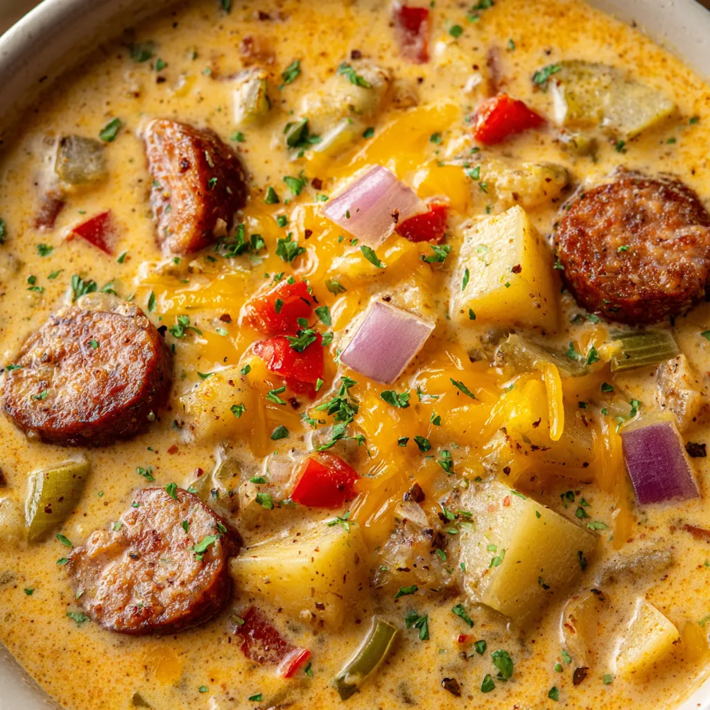 A bowl of Cajun potato soup with sausage and vegetables.