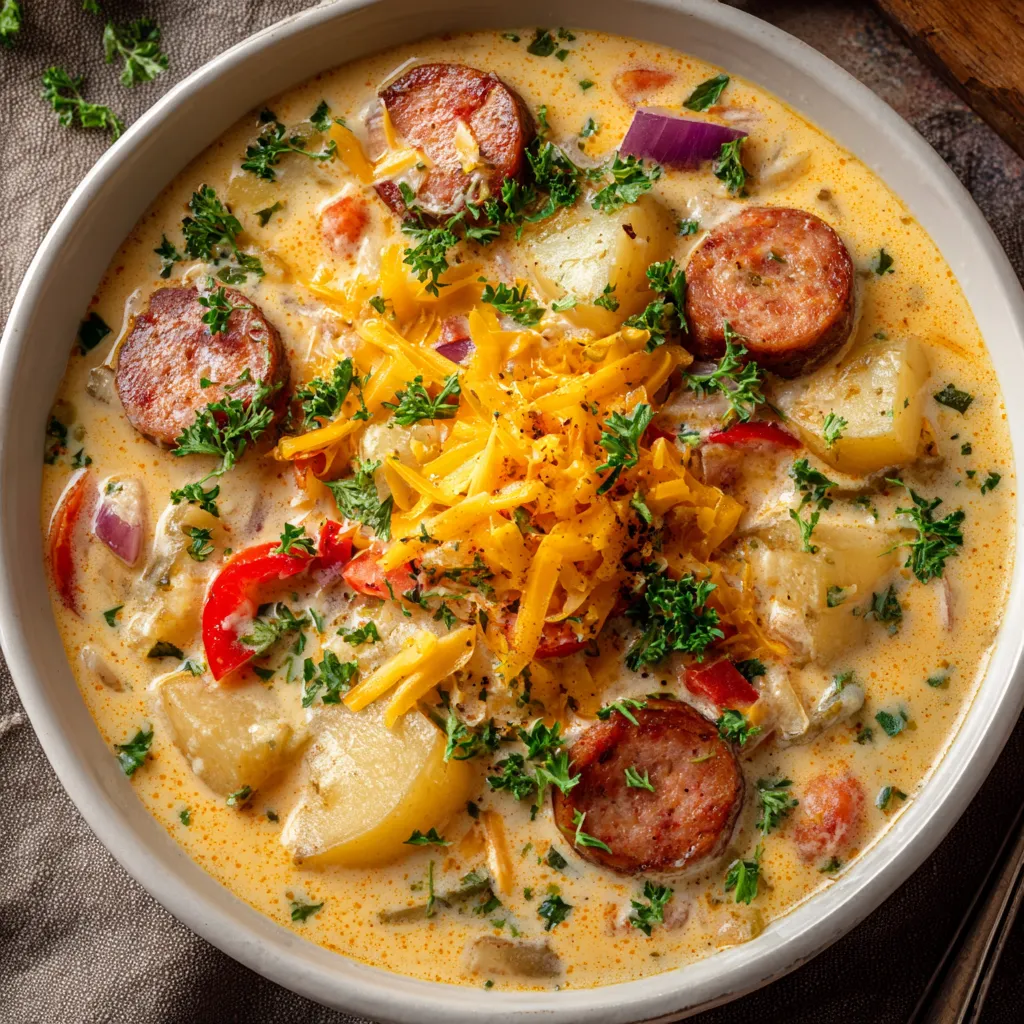 A bowl of Cajun potato soup with sausage and vegetables.
