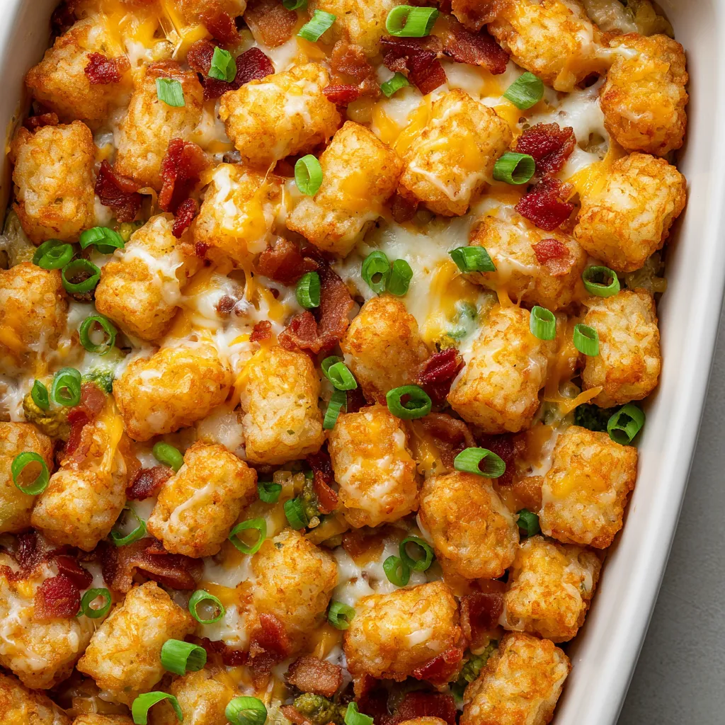 A close up of a chicken bacon ranch tater tot casserole.