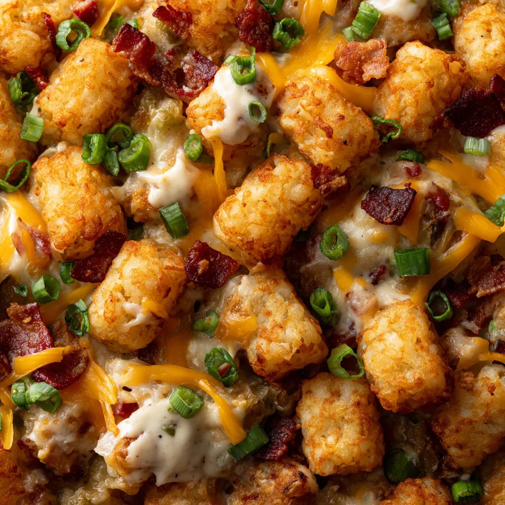 A close up of a delicious chicken bacon ranch tater tot casserole.
