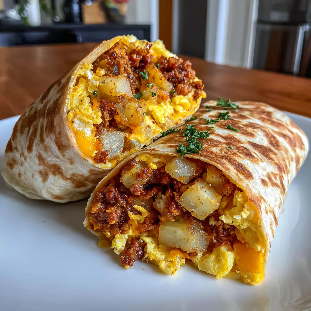 A plate of chorizo breakfast burritos with potatoes and eggs.