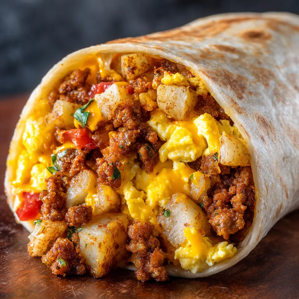 A burrito filled with chorizo, potatoes, and eggs.