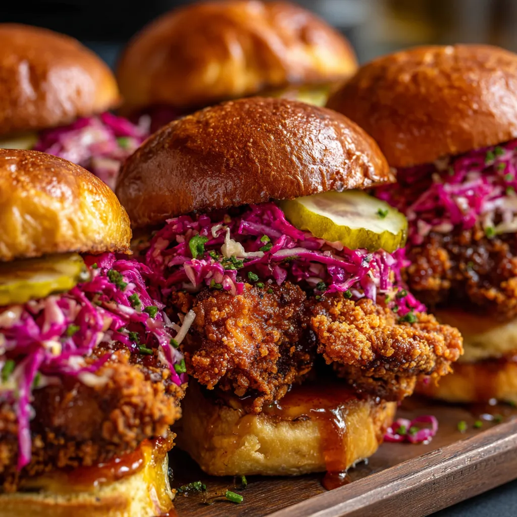 Four hot honey fried chicken sliders on a wooden tray.