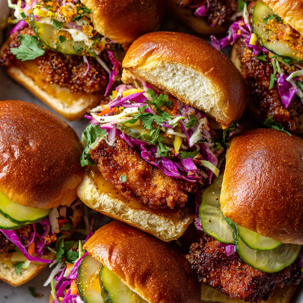 A plate of hot honey fried chicken sliders.