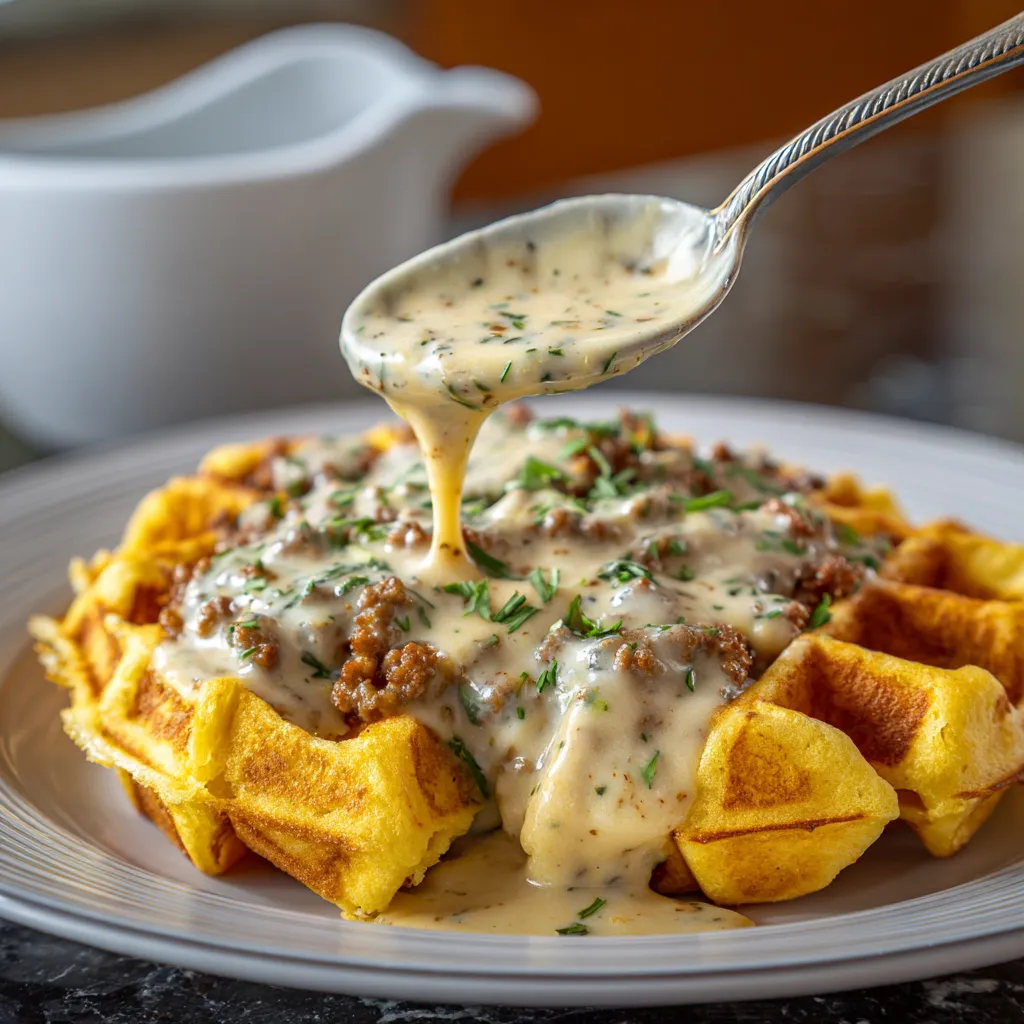 A plate of cornbread waffles with buttermilk gravy.