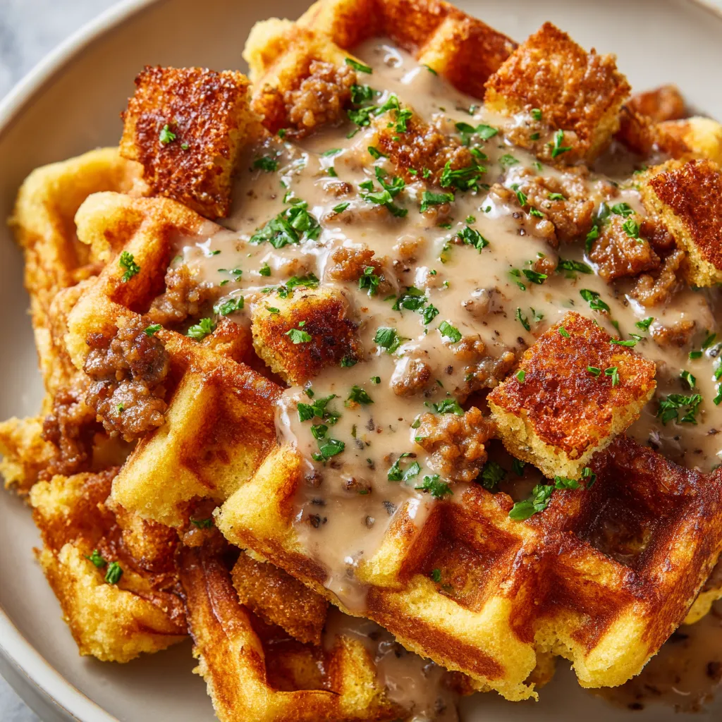A plate of cornbread waffles with buttermilk gravy.