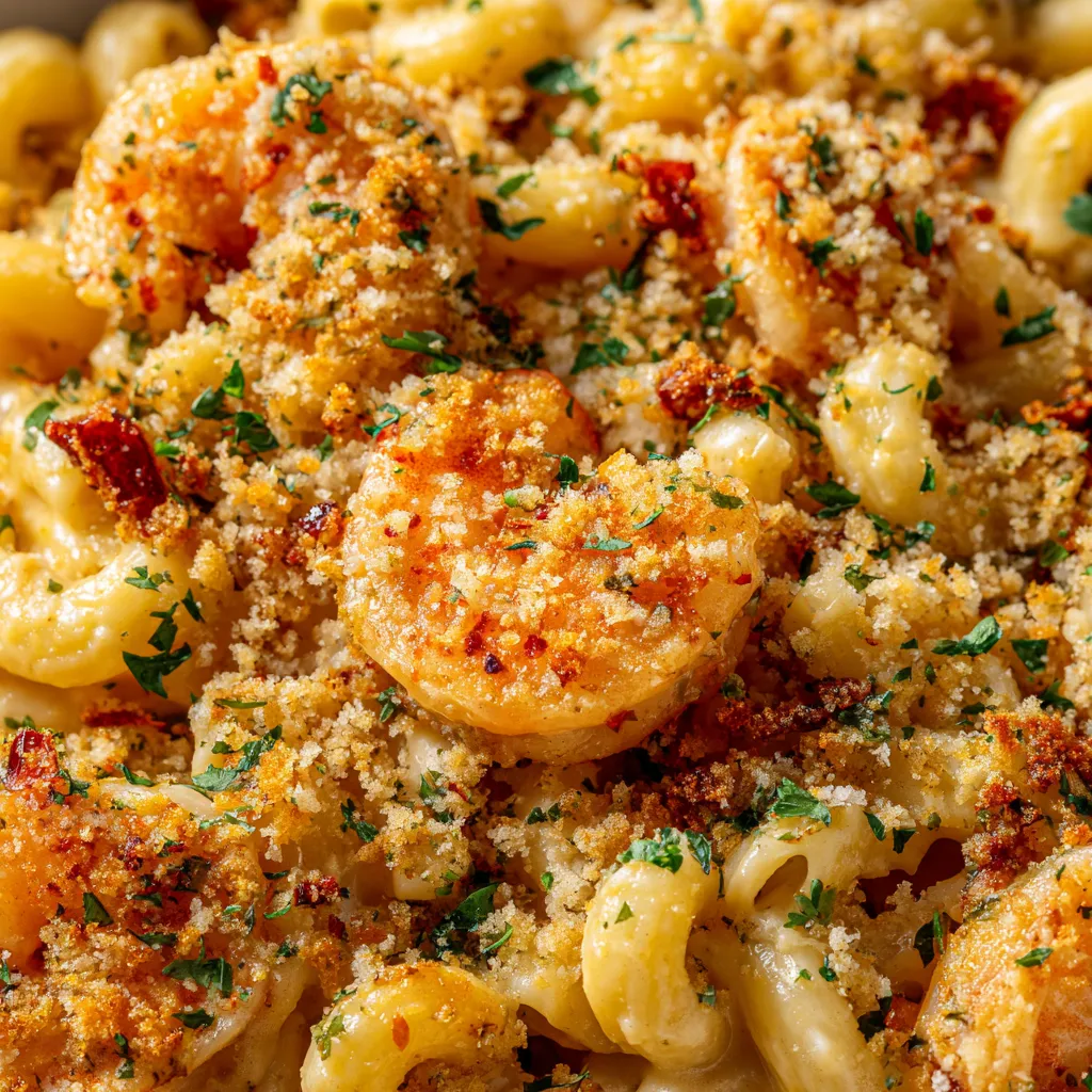 A close up of a delicious Cajun Shrimp Mac and Cheese.
