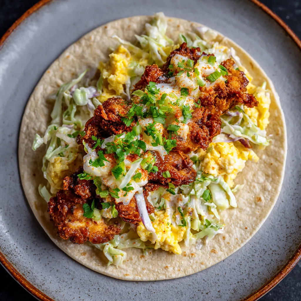 A breakfast burrito with Nashville Hot Chicken.