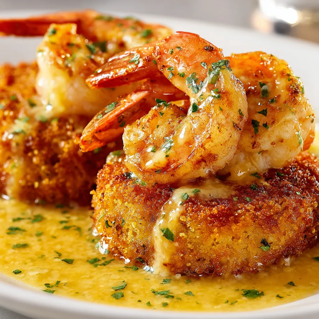 A plate of Southern Grit Cakes with Garlic Shrimp.