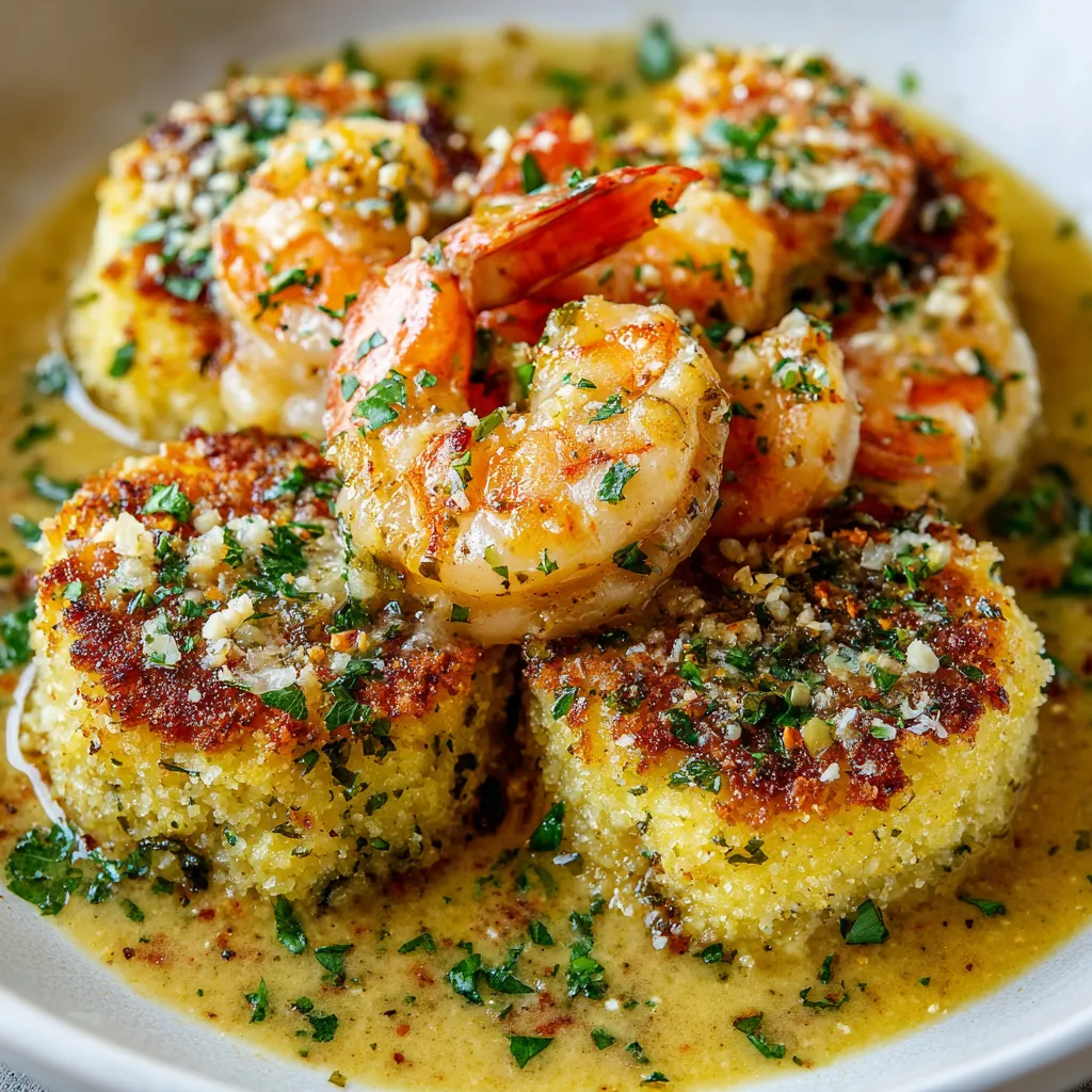 A plate of Southern Grit Cakes with Garlic Shrimp.