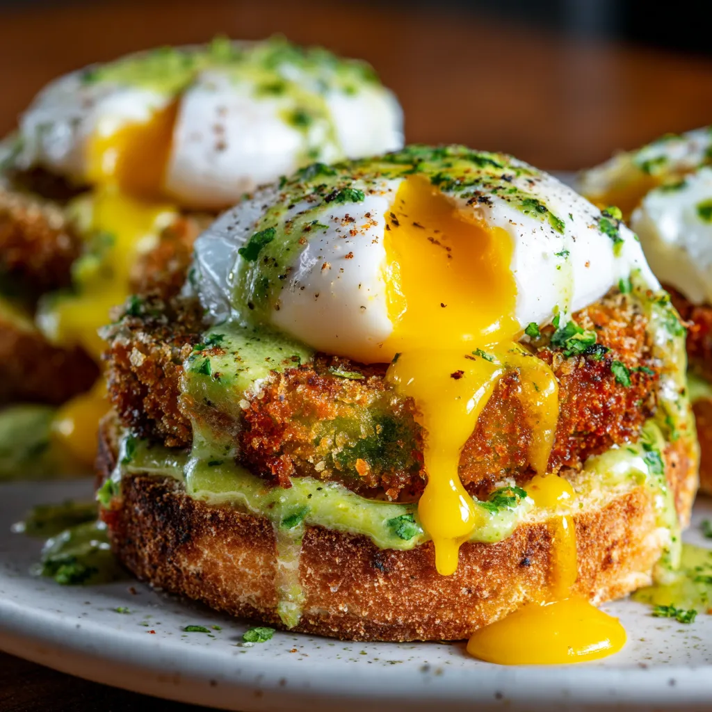 A plate of fried green tomato benedict.