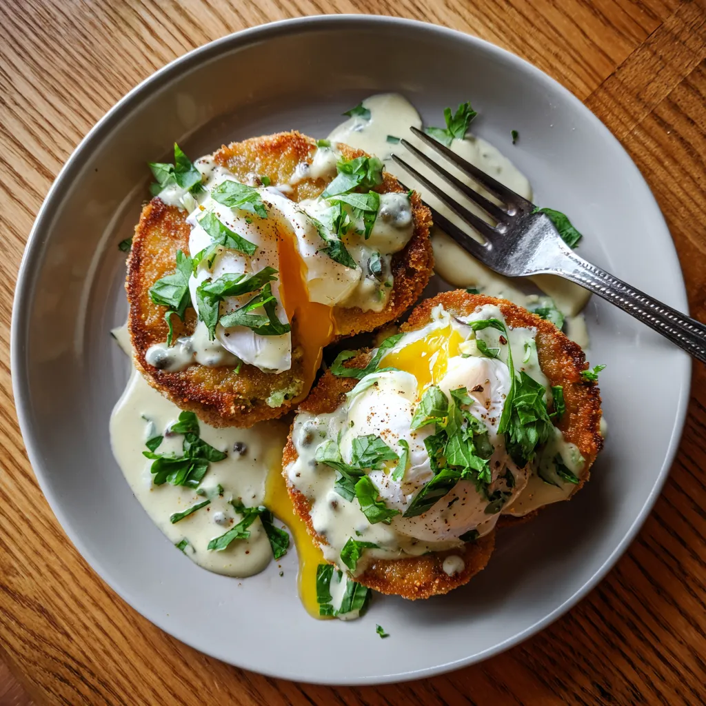 A plate of fried green tomato benedict.