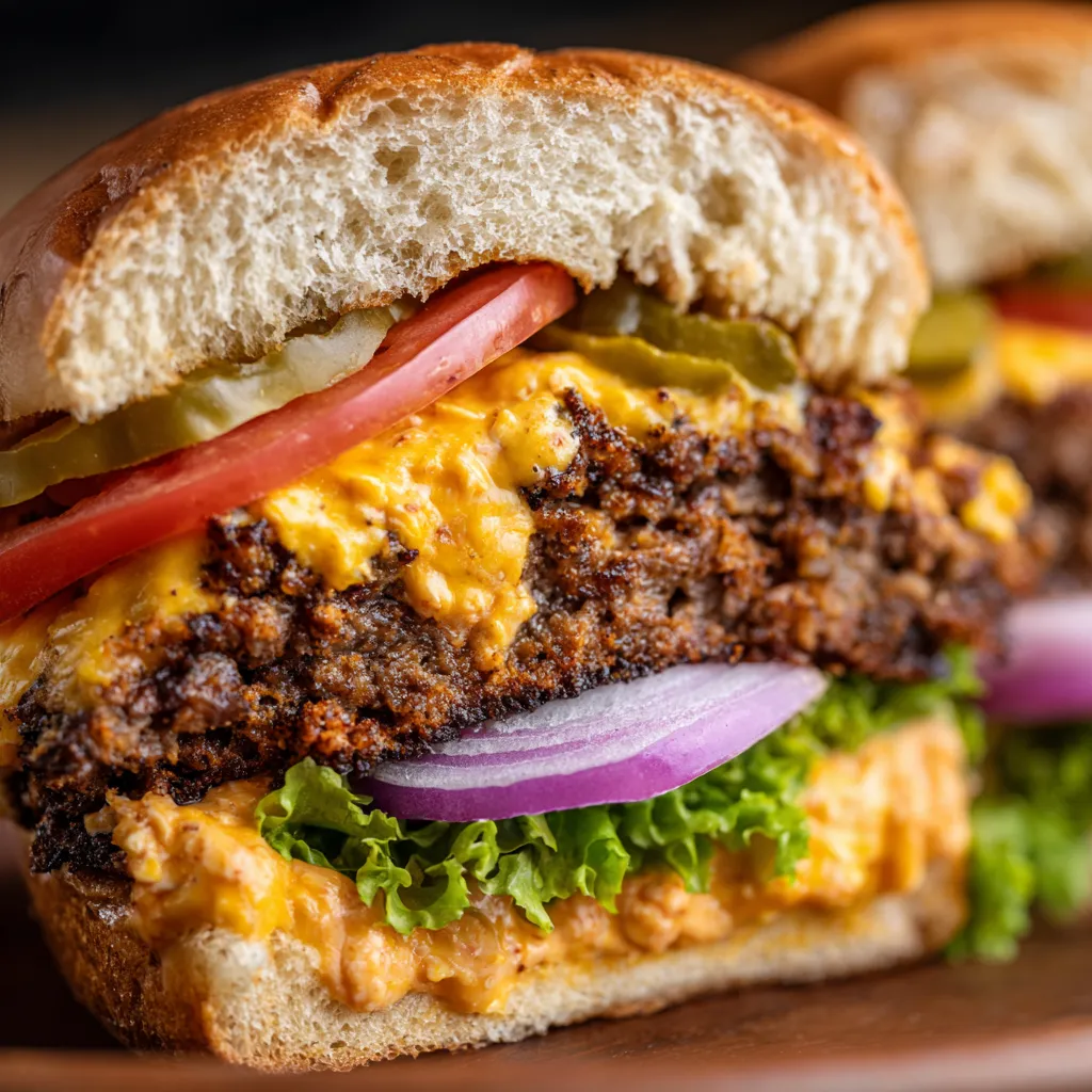 Two burgers with cheese and tomatoes.