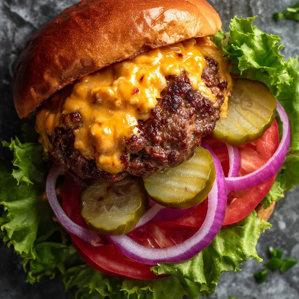 A close up of a burger with pickles and cheese.