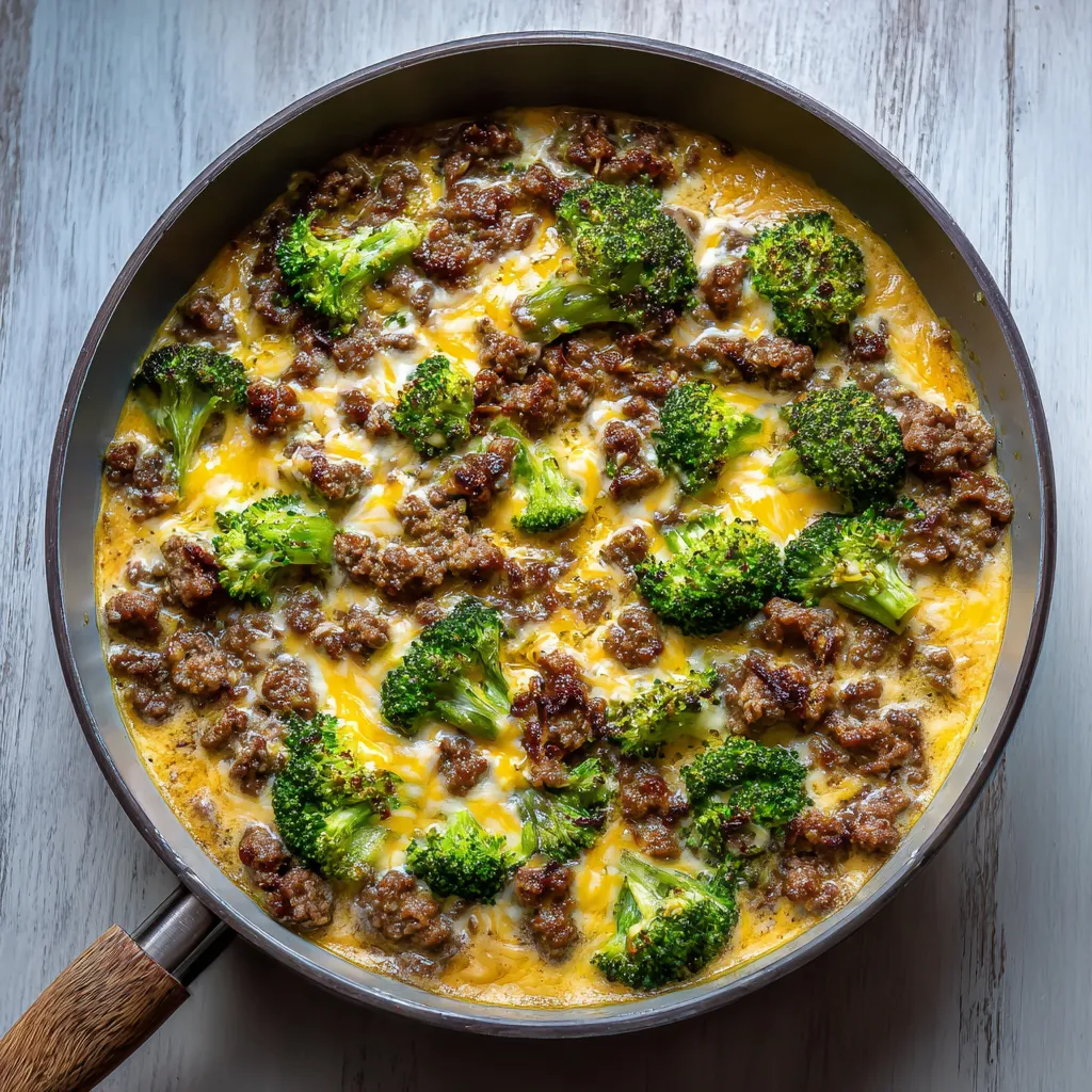 A skillet with a hamburger and broccoli.