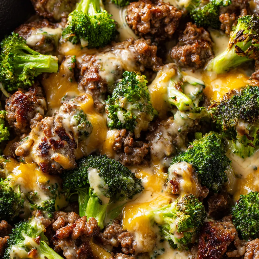 A close up of a delicious keto hamburger with cheese and broccoli.