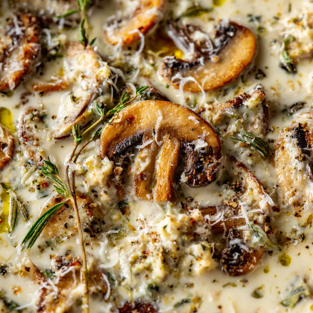 A close up of a dish with mushrooms and sauce.