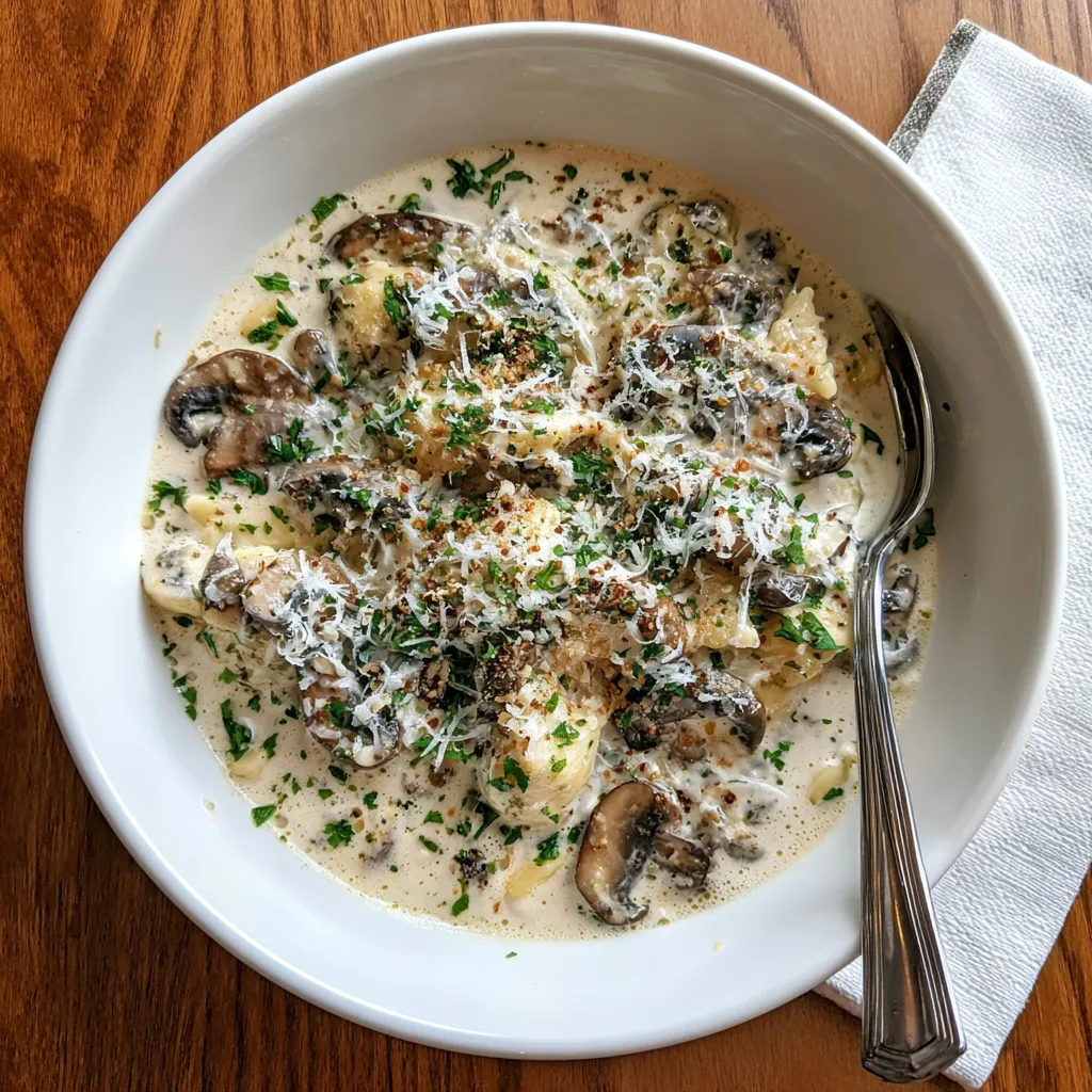A bowl of gorgonzola truffle cream sauce with mushrooms.