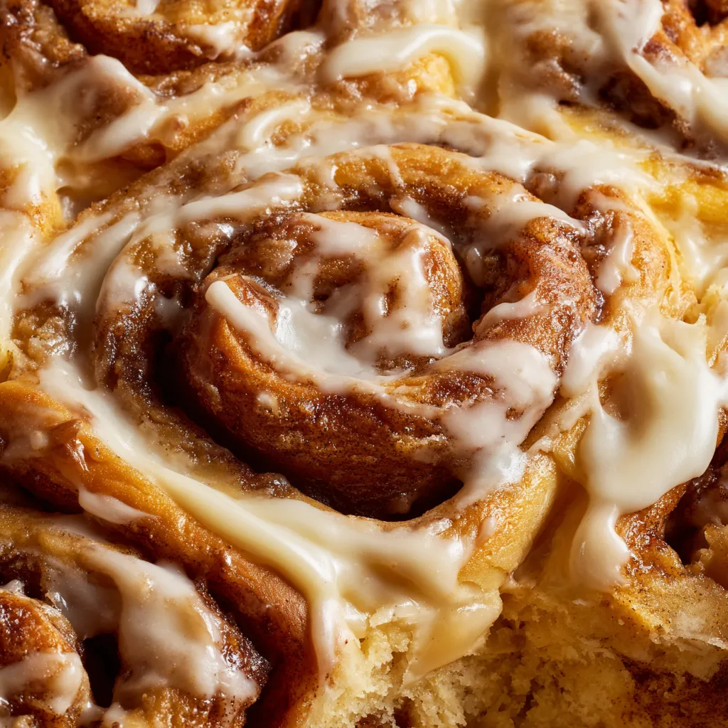 A close up of a cinnamon roll cake with icing.