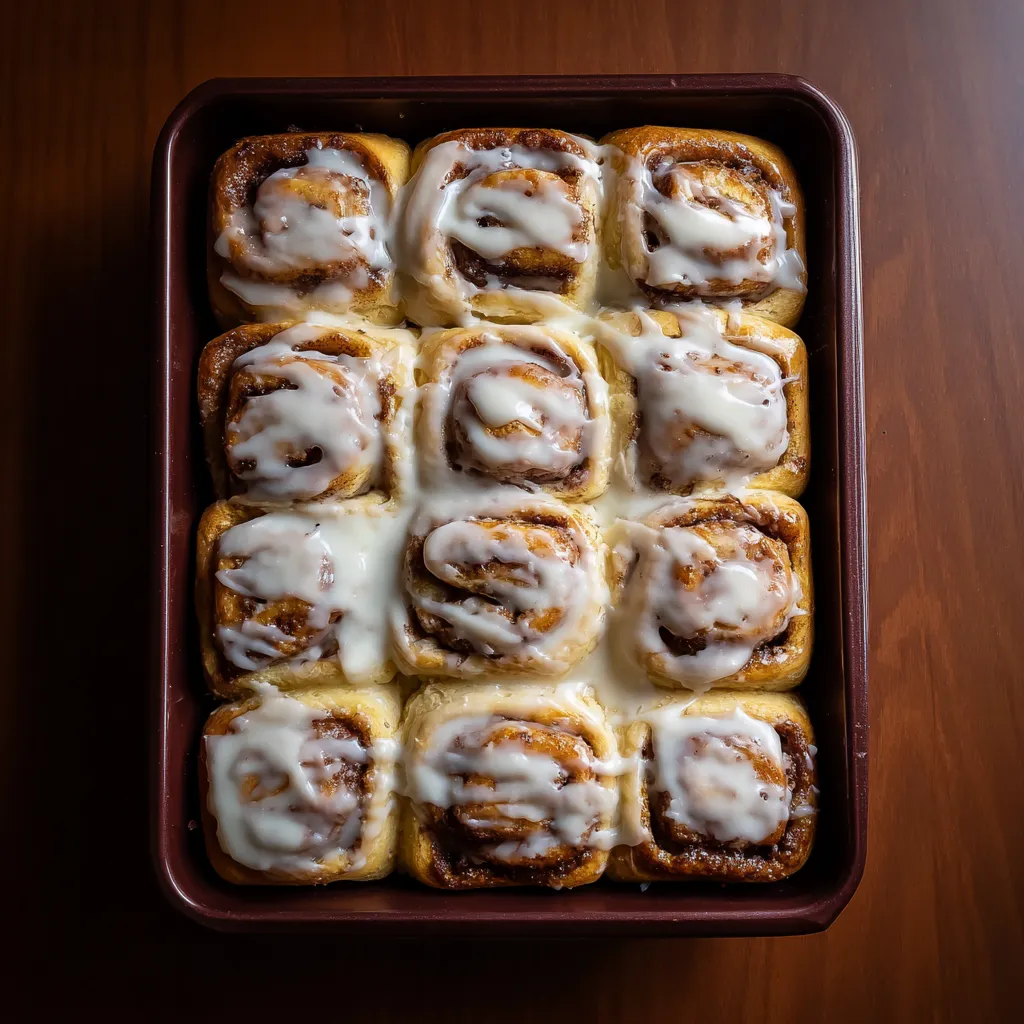 A pan of iced cinnamon roll cake.