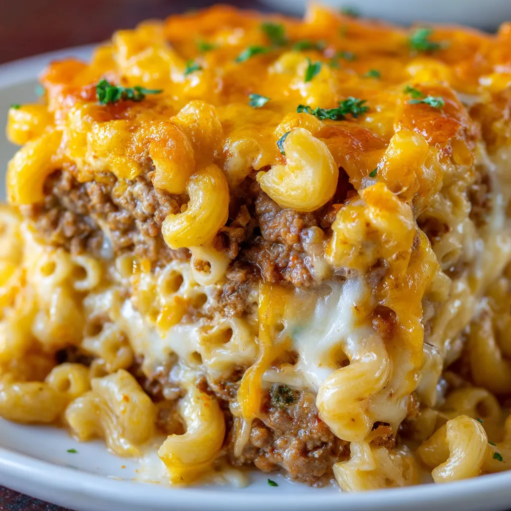 A plate of mac and cheese meatloaf casserole.