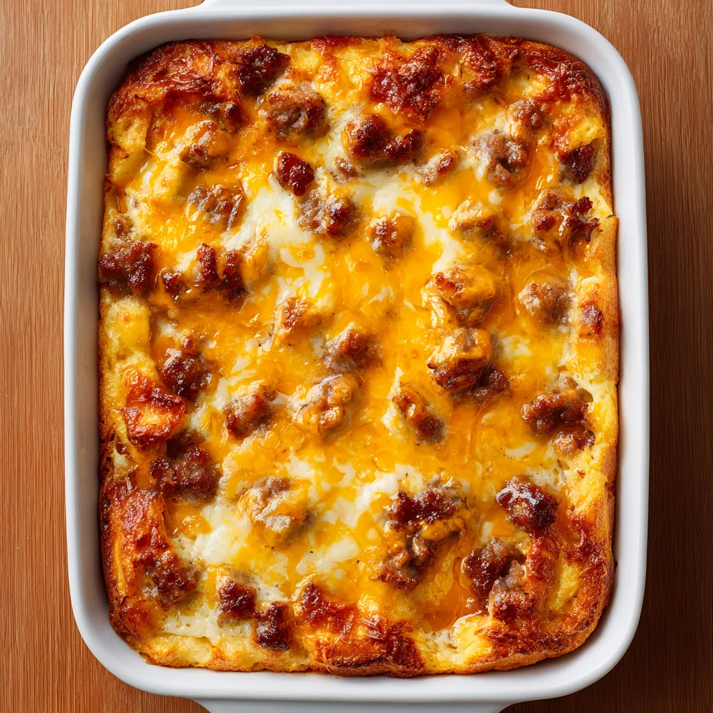 A pancake sausage casserole is displayed on a wooden table.