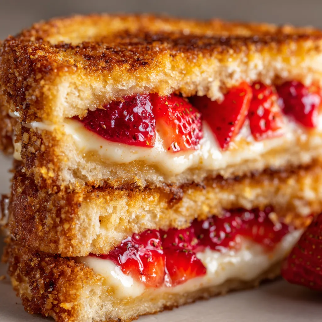 A close up of a fried strawberry cheesecake sandwich.