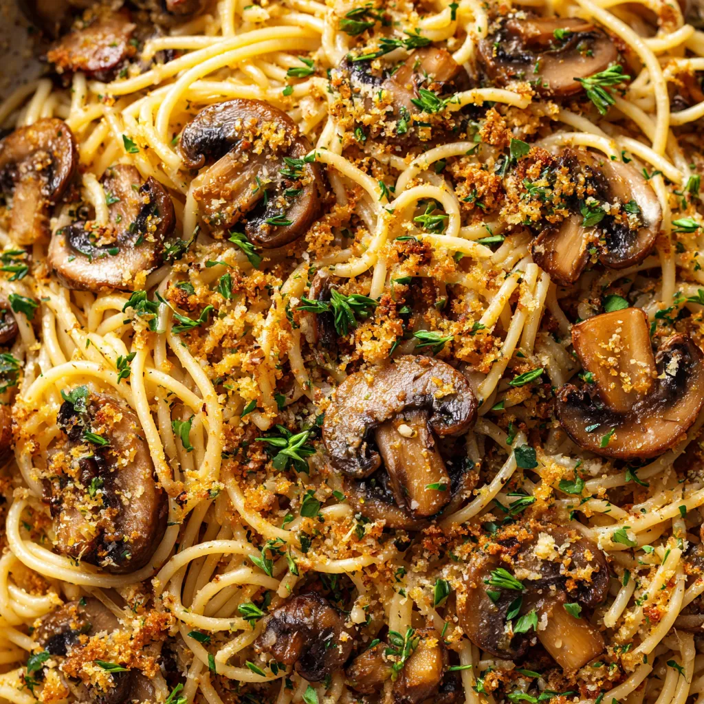 A close up of a delicious looking pasta dish with mushrooms and herbs.