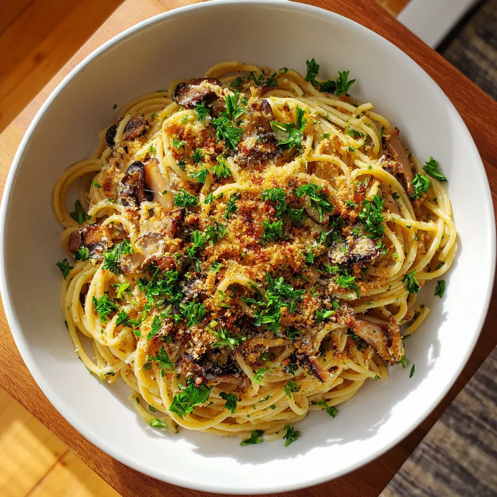A bowl of pasta with mushrooms and herbs.