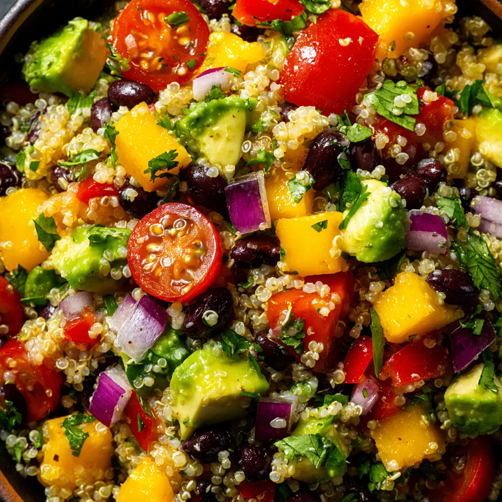 A bowl of quinoa, mango and black bean salad.