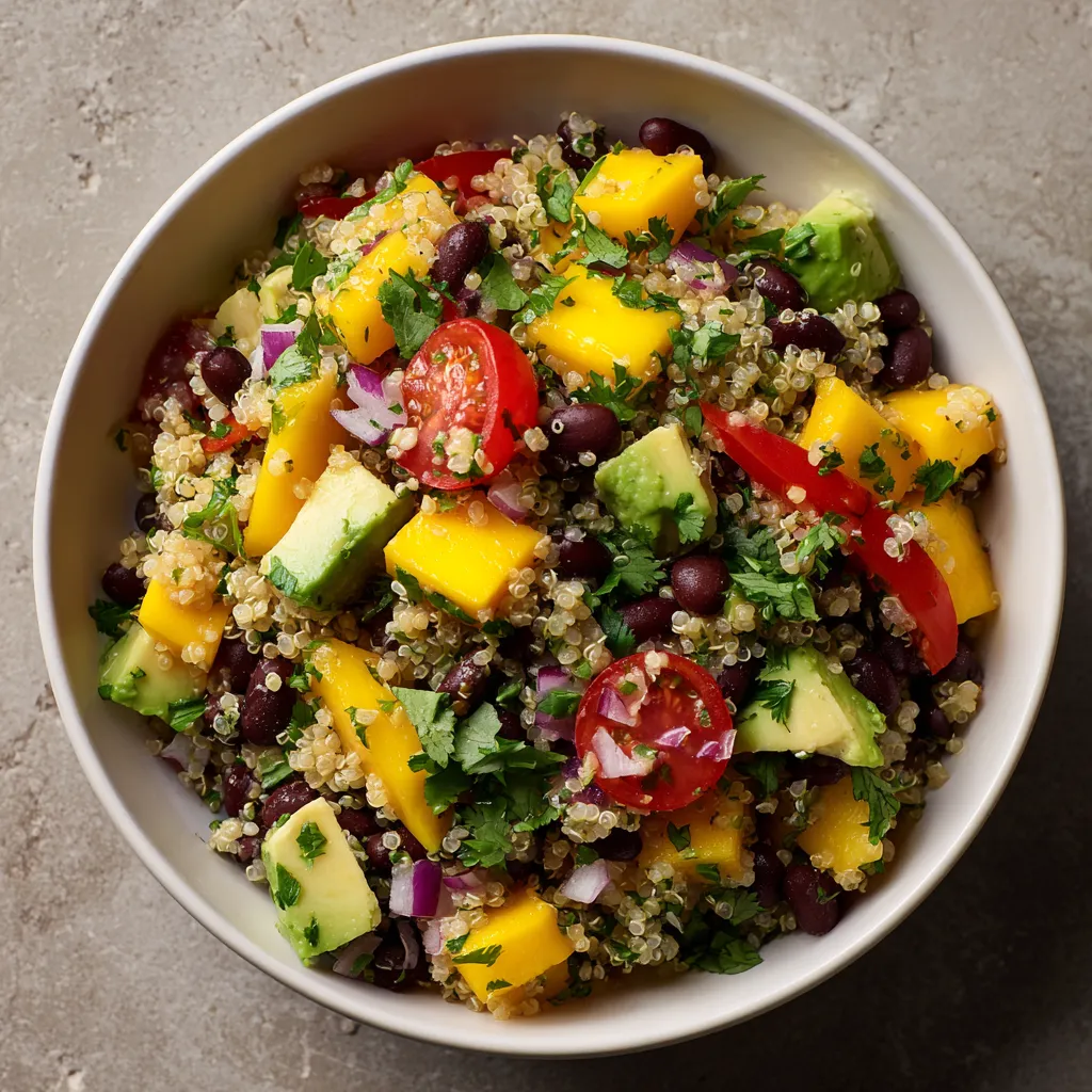 A bowl of quinoa, mango and black bean salad.