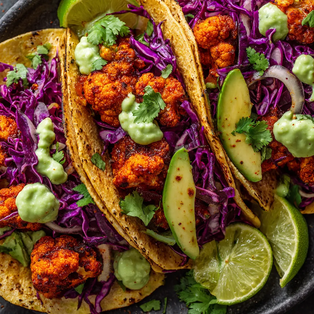Two tacos filled with buffalo cauliflower.